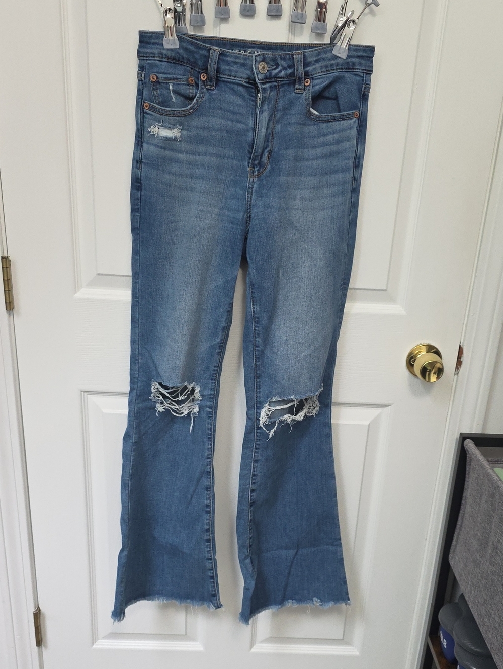 American Eagle Outfitters Light Blue Super High Rise Distressed Flare Jeans